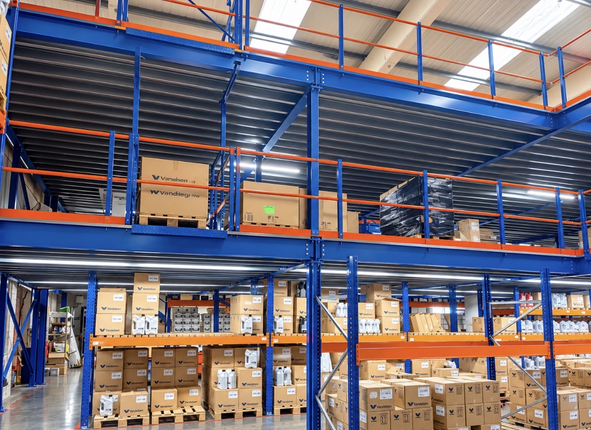 Stow small parts shelving aisles on the mezzanine level